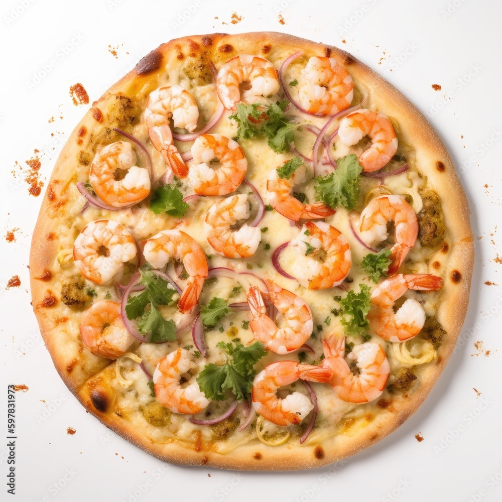 Shrimp Scampi pizza Top View Isolated on White. Generative AI