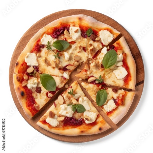Feta Cheese pizza Top View Isolated on White. Generative AI