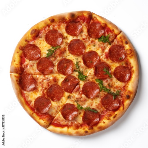 Pepperoni pizza Top View Isolated on White. Generative AI