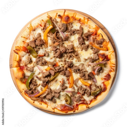Philly Cheesesteak pizza Top View Isolated on White. Generative AI