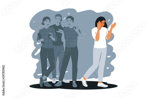 Social phobia, anxiety disorder consept. Sad woman struggle with loneliness and solitude in crowd. Outcast. Vector illustration.