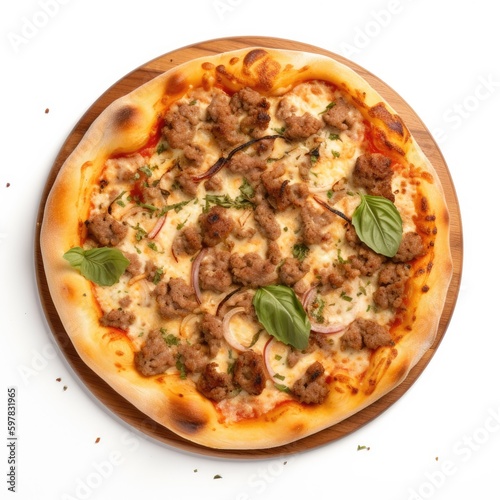 Sausage pizza Top View Isolated on White. Generative AI