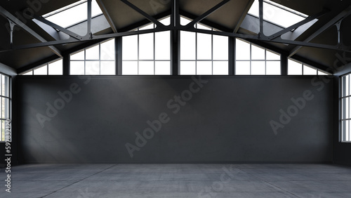 Empty, loft industrial interior. Black colored walls and big windows. Interior warehouse concept background . 3d Render