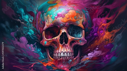 Drawing a skull painted with different colors of paints Generative AI
