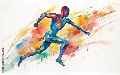 Man running in splashing paint color. Generative AI 