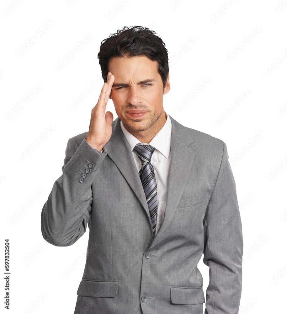 Headache, stress or frustrated business man or a tired model with depression, fail or mistake. Professional person with hand on face for corporate crisis isolated on transparent, png background Headache, stress or frustrated business man or a tired model with depression, fail or mistake. Professional person with hand on face for corporate crisis isolated on transparent, png background