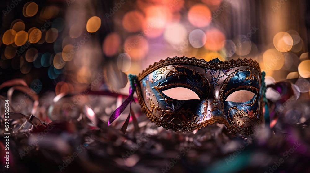 Carnival Party - Venetian Mask With Abstract Defocused Bokeh Lights And Shiny, generative ai Carnival Party - Venetian Mask With Abstract Defocused Bokeh Lights And Shiny, generative ai
