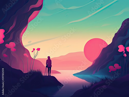 A man meditating in yoga in front of mountain view at sunrise. landscape digital art illustration © Yan
