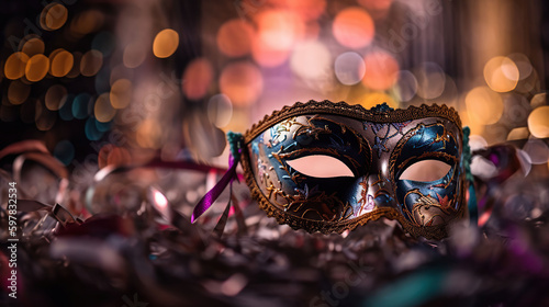 Carnival Party - Venetian Mask With Abstract Defocused Bokeh Lights And Shiny, generative ai © Gasspoll