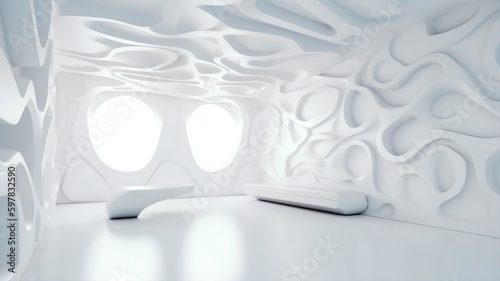futuristic modern all white room with abstract patterns ornaments with white furniture background wallpaper  AI Generative