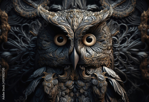 Stylized ornate owl, carving and decor. generative AI
