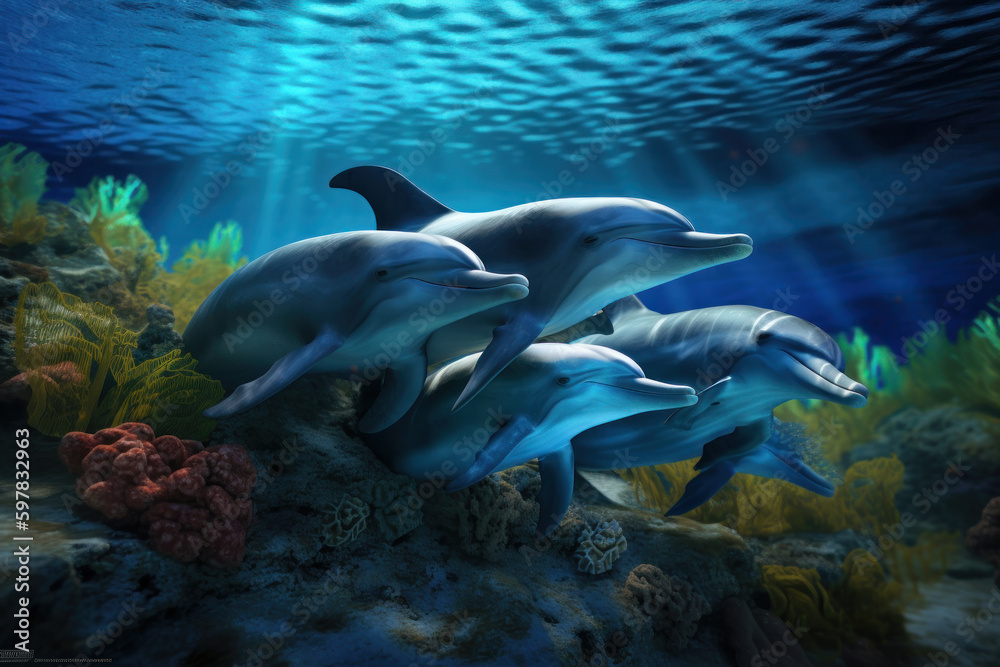 Fototapeta premium A playful dolphin swimming in the crystal-clear waters of Australia on World Oceans Day. This intelligent and social mammal is a symbol of the vibrancy and beauty of our oceans. AI Generative.