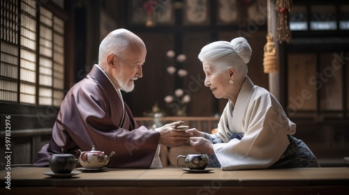 Accouple attending a traditional tea ceremony, learning about the history and customs of the practice. Generative AI