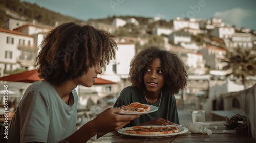 Two friends sharing a pizza at an outdoor restaurant with a beautiful beach view. Generative AI