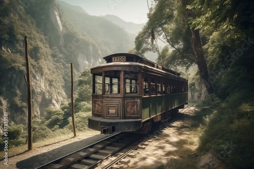 Artwork of a vintage trolley car on a mountain railway amidst nature with trees and mountains in the Himalayas under dappled sunshine. Generative AI
