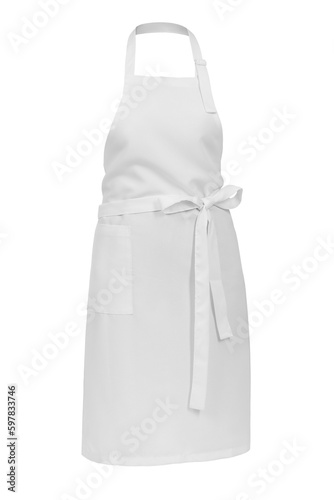 A white apron with a tied belt is isolated on a white background. A blank,a layout for a mannequin, a model.