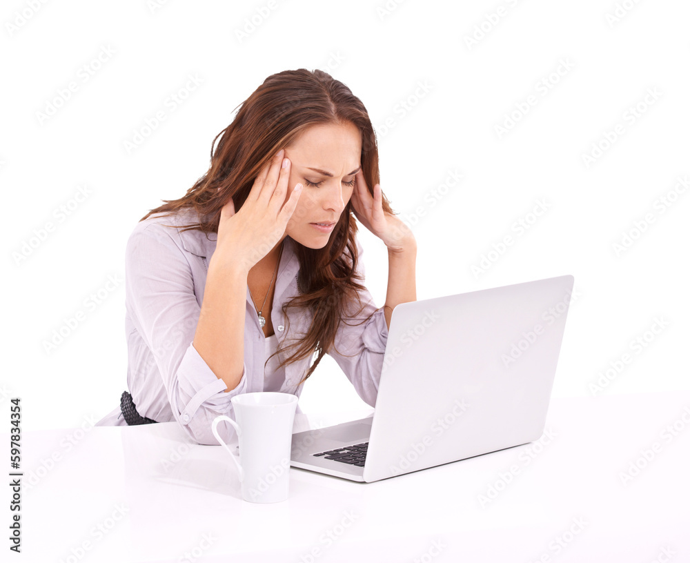 Isolated woman, headache and tired with laptop, overtime and mental health by transparent png background. Businesswoman, pain and fatigue with computer, anxiety and depressed with deadline for report Isolated woman, headache and tired with laptop, overtime and mental health by transparent png background. Businesswoman, pain and fatigue with computer, anxiety and depressed with deadline for report