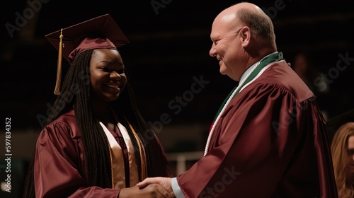 A medium shot of a graduate shaking hands with the university president as they accept their diploma, with a proud smile on their face. Generative AI