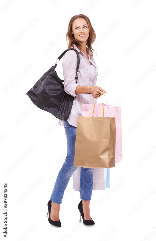 Shopping bag, customer and happy woman isolated on transparent, png background with fashion sales, discount or promo. Wealth, inspiration and shopper or female person with clothes and retail gift