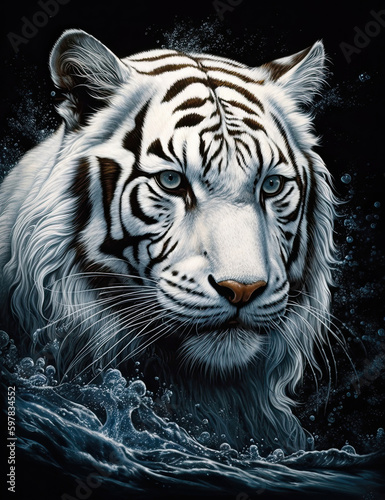 White tiger illustration, painting, swimming in water, beautiful majestic, wall art, digital print. Generative AI © Art for Insomniacs
