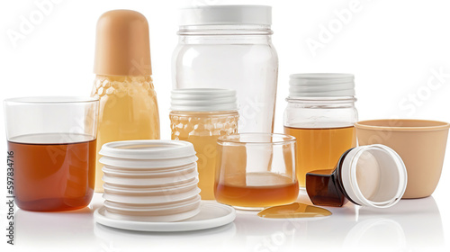 Honey jars, cups and dippers set isolated on white background. Generative ai