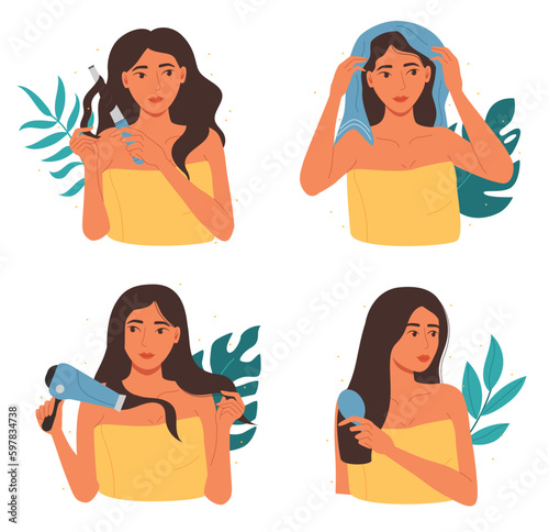 Hair care. Girl applying beauty caring products, blow dry hair and hairstyle styling. Female character curling hair