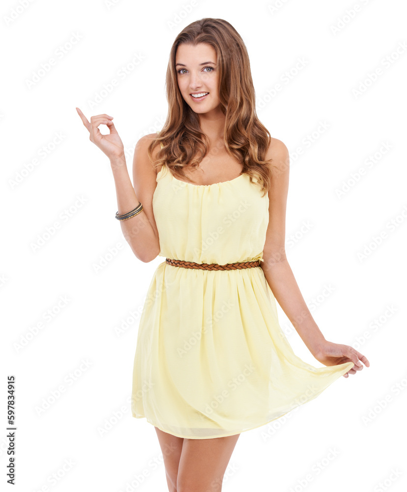 Woman is pointing in portrait, marketing and promo with fashion ambassador in yellow dress isolated on transparent, png background. Show, summer deal with female model and boutique sale announcement Woman is pointing in portrait, marketing and promo with fashion ambassador in yellow dress isolated on transparent, png background. Show, summer deal with female model and boutique sale announcement