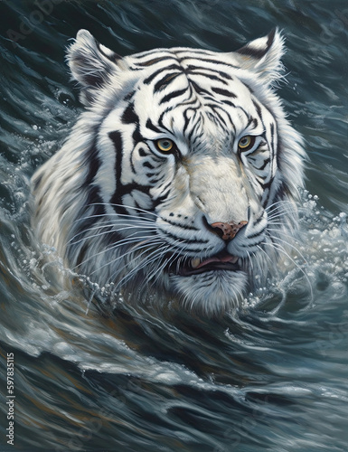 White tiger illustration, painting, swimming in water, beautiful majestic, wall art, digital print. Generative AI