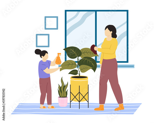 Householder cleaners, daily home routines. Mother and daughter doing household chores, mopping and spraying houseplants