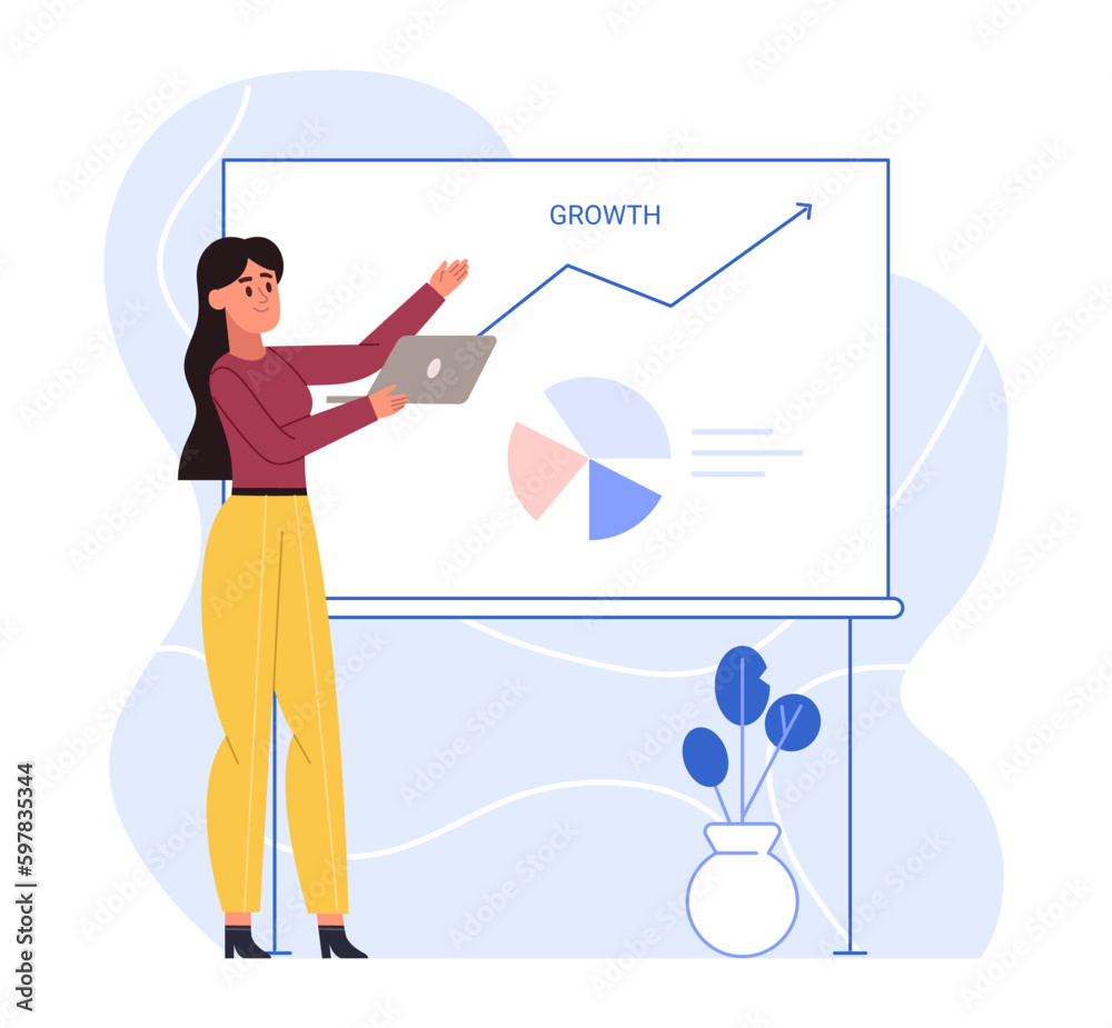 Business chart presentation, development marketing diagram growth. Woman employee demonstrating financial increase Business chart presentation, development marketing diagram growth. Woman employee demonstrating financial increase
