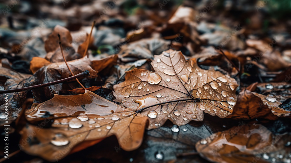 Close up of fallen leaves on ground in autumn covered in raindrops, generative ai Close up of fallen leaves on ground in autumn covered in raindrops, generative ai