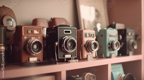 banner, A set of vintage cameras on a shelf. Mother's Day Generative AI