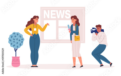 Journalist and operator recording news, interviewing celebrity person vector illustration. Reporter with microphone