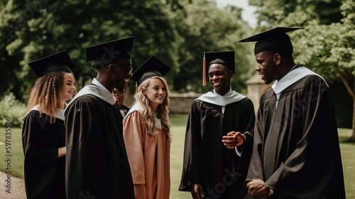 Diverse group of university graduates celebrating their graduation day together, with a mix of skin tones, hair types, and ages. Generative AI