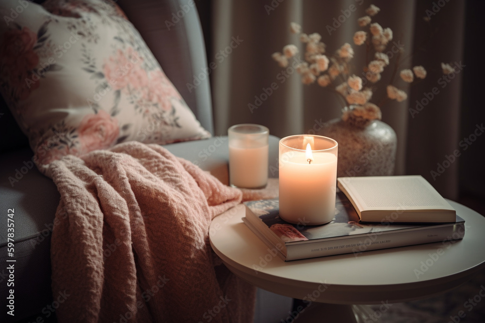 A candle and a book on a cozy reading nook. Mother's Day Generative AI
