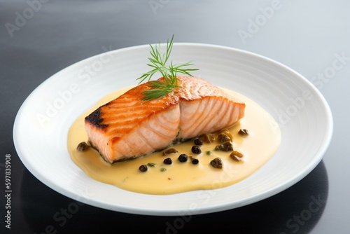 Salmon steak with sauce on plate, light background. Generative AI