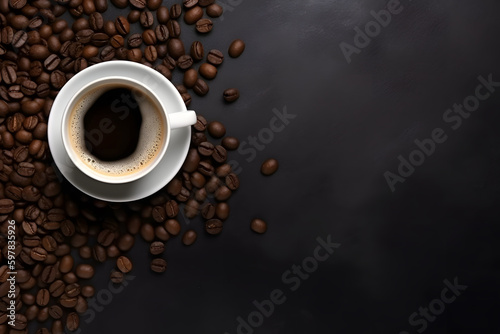 Cup of coffee with beans on dark background - Generative AI