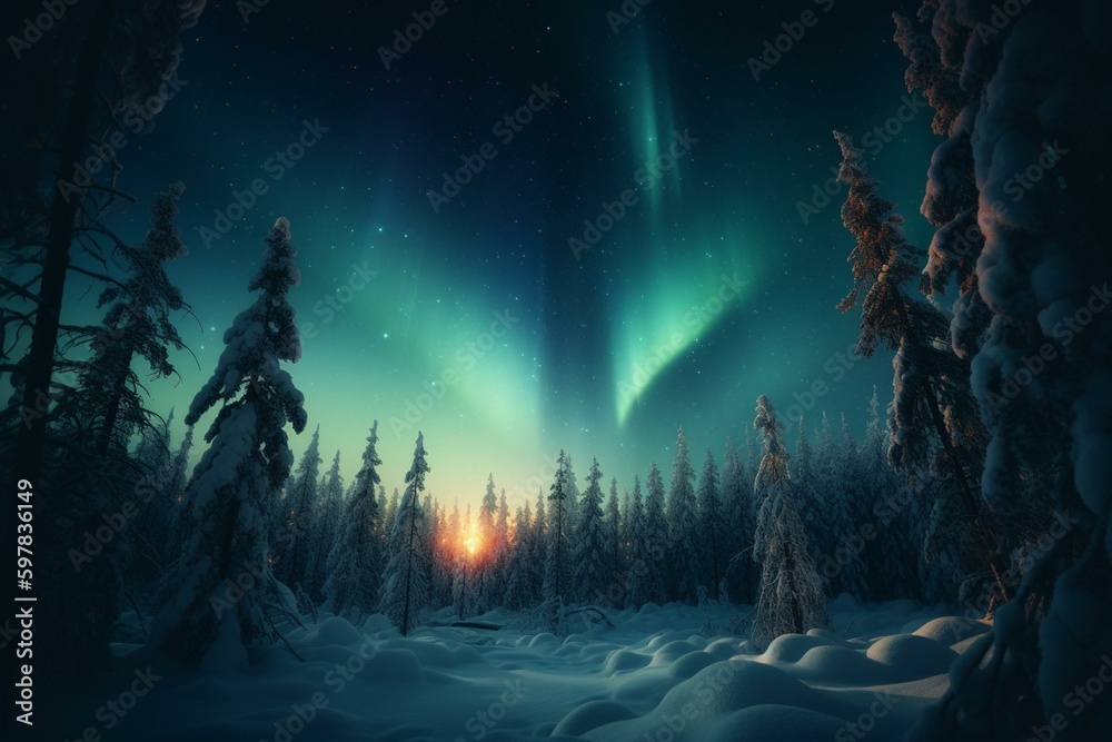 Illustration of brilliant northern lights over a forest on the horizon, perfect for winter holidays. Generative AI