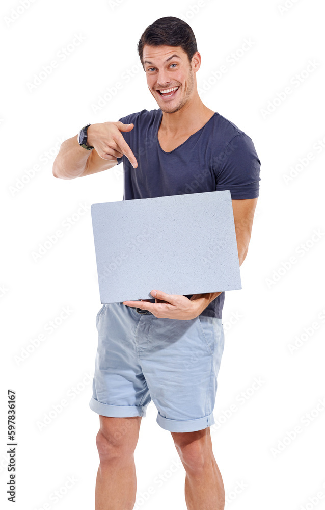 Banner, point and excited portrait of man with poster on isolated, png and transparent background. Advertising, brand and happy male person with billboard for information, announcement and promotion Banner, point and excited portrait of man with poster on isolated, png and transparent background. Advertising, brand and happy male person with billboard for information, announcement and promotion