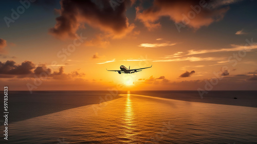 Airplane flying above tropical sea at sunset, generative ai