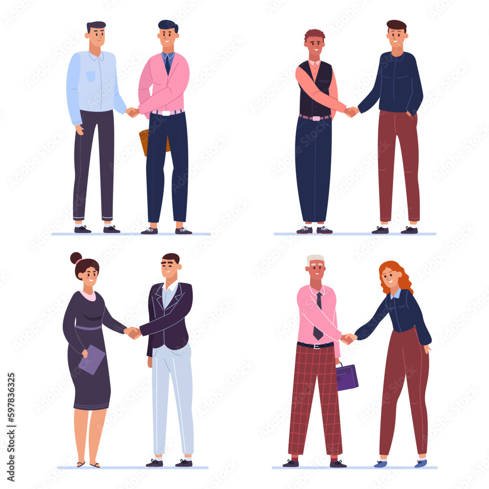 Obraz premium Office workers shake hands, businessmen agreement or deal complete, greeting handshake vector illustration set