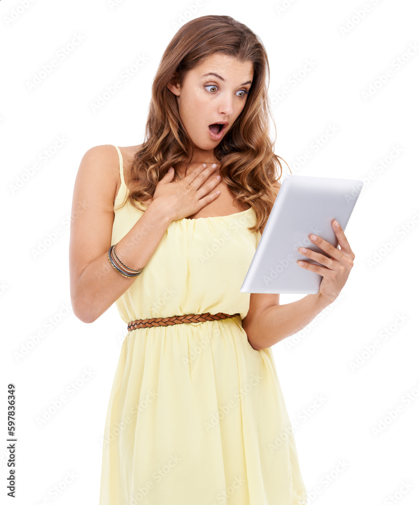 Isolated woman, wow and reading with tablet for news, blog or post on web app by transparent png background. Student girl, model and mobile touchscreen with surprise, confused and shock for info Isolated woman, wow and reading with tablet for news, blog or post on web app by transparent png background. Student girl, model and mobile touchscreen with surprise, confused and shock for info