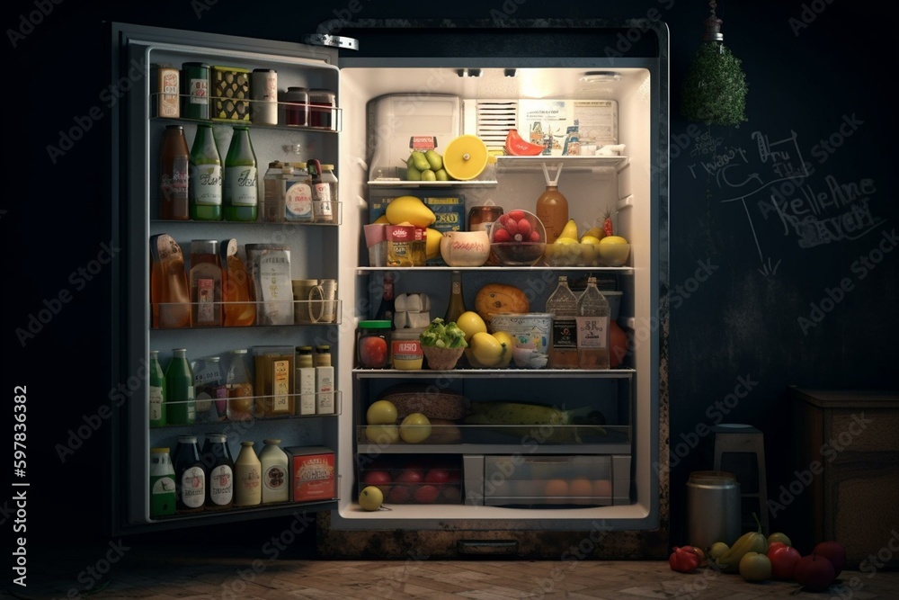 3D fridge stocked with different items. Generative AI