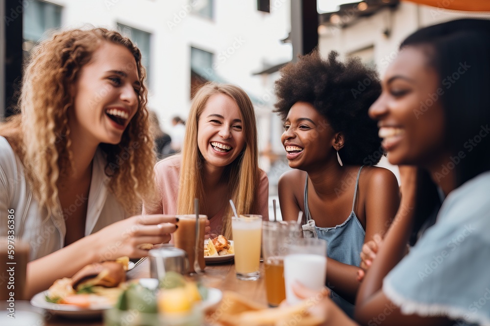 A group of friends from different gender backgrounds laughing and enjoying a meal together, illustrating inclusivity and acceptance. Generative AI A group of friends from different gender backgrounds laughing and enjoying a meal together, illustrating inclusivity and acceptance. Generative AI