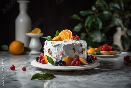 Fruit-topped cake on marble plate with leaf  oranges   icing. Generative AI