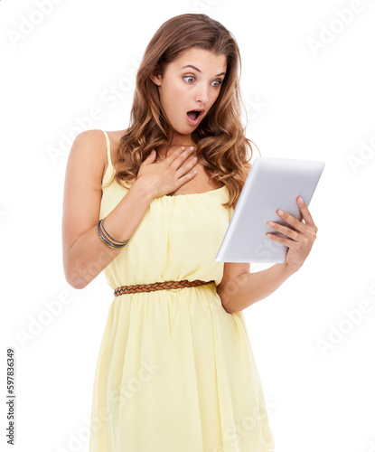 Isolated woman, wow and reading with tablet for news, blog or post on web app by transparent png background. Student girl, model and mobile touchscreen with surprise, confused and shock for info