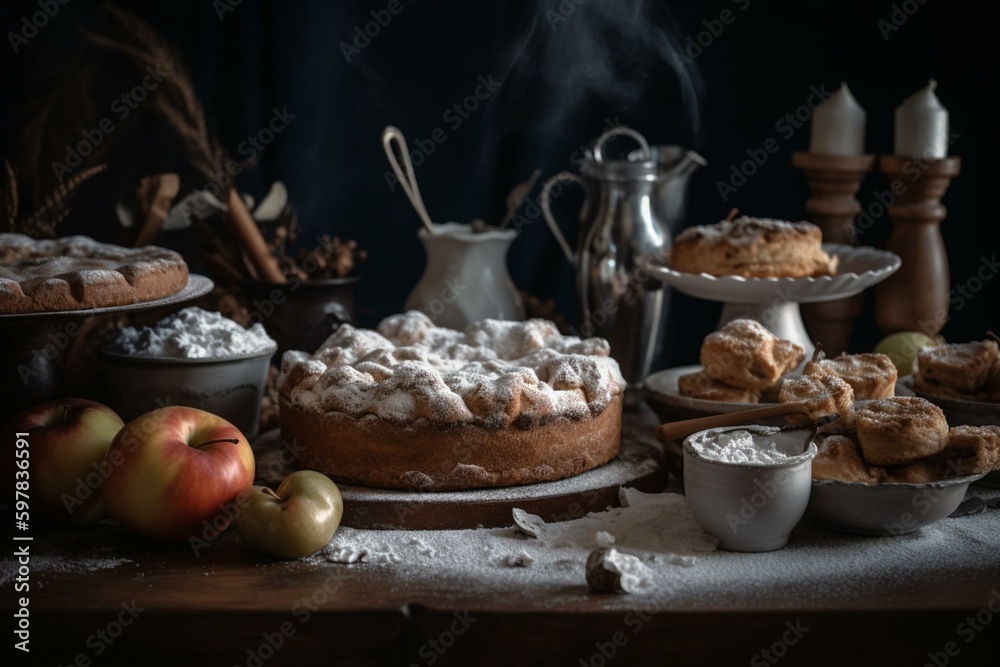 A table made of marble, bearing apples and pies with powdered sugar dusting. Generative AI