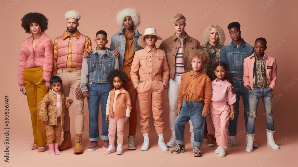 Naklejka premium A group of individuals of varying ages, body types, and ethnicities standing together in a row, each wearing their favorite outfit and expressing their personal style. Generative AI