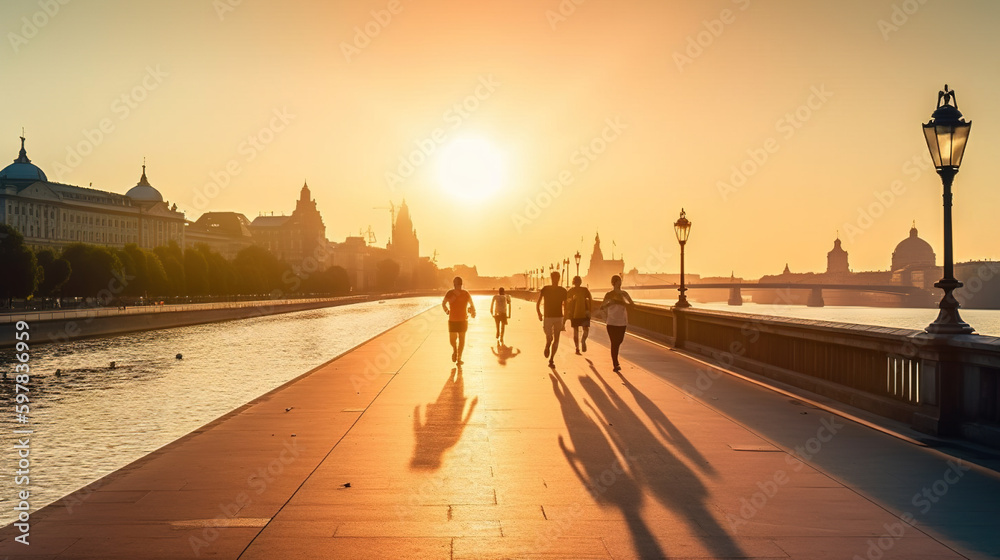 A group of people jogging in the evening against the sunset