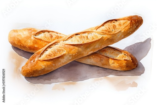 baguette on a white background, watercolor - Ai